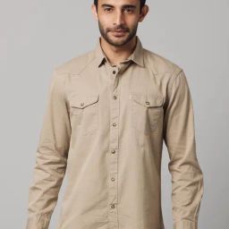 Celio* Khaki Cotton Regular Fit Shirt-image-60