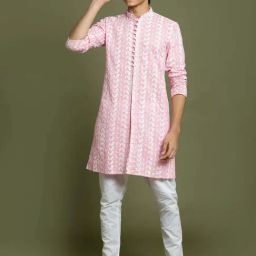 VASTRAMAY Boys Pink & White Cotton Embroidery Full Sleeves Kurta Sets-image-25