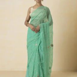 Geroo Jaipur Green Hand Embroidered Aari Work Chiffon Saree-picture-11