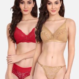 FIMS: Fashion is my Style Beige & Red Lace Work Lingerie Set - Pack Of 2-image-99