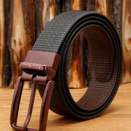 Louis Stitch Black Textured Leather Reversible Belt for Men-image-49