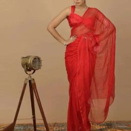 Geroo Jaipur Red Chiffon Hand Embroidered Mukaish Saree-picture-27