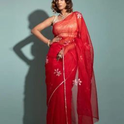 Geroo Jaipur Red Handcrafted Gota Patti Organza Saree-picture-35
