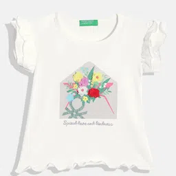 United Colors of Benetton Girls Floral Print Flutter Sleeve Applique Detail Cotton Top-picture-13