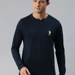 U.S. Polo Assn. Men Navy Blue Solid Pure Cotton Henley Neck Lounge T-shirt-picture-21