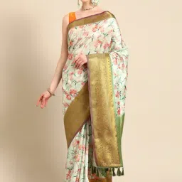 Silk Land Parrot Green Silk Floral Saree With Unstitched Blouse-picture-6