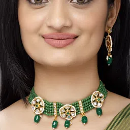 Rubans 22KT Gold-Plated Kundan Studded & Beaded Jewellery Set-image-43