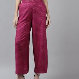 W Women Magenta & Silver Ethnic Motifs Printed Palazzos-7