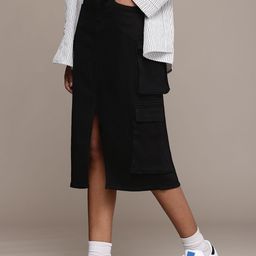 The Roadster Life Co. Women Front Slit Cargo Style Straight Midi Denim Skirt-image-74
