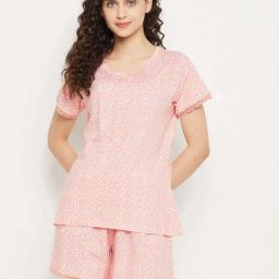 Clovia Peach Floral Print Top Shorts Set-image-24