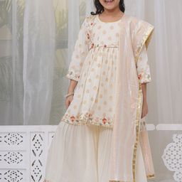 Little Bansi Girls Ethnic Motifs Regular Pure Cotton Kurta with Sharara & With Dupatta-image-24