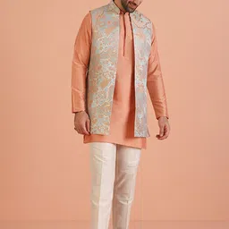 KISAH Men Abstract Regular Fit Woven Design Kurta Nehru Jacket Trouser Set image 1