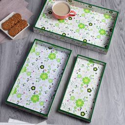 FABINALIV Set of 3 Floral Rectangular Wooden Serving Trays - Multicolor-4
