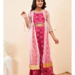Stylo Bug Sleeveless Abstract Printed With Lace Embellished Top With Palazzo & Shrug - Pink-image-1