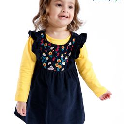 Babyoye Cotton Corduroy Floral Embroidered Party Dress with Full Sleeve Inner Tee - Navy & Yellow-picture-45