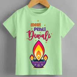 KNITROOT Diwali Theme Meri Pheli Diwali Text Printed Tee  - Green-picture-48