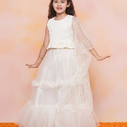 AJ Dezines Sleeveless  Chevron & Chikankari  Self Embroidered Choli  With Lehenga & Dupatta Set - White-image-76