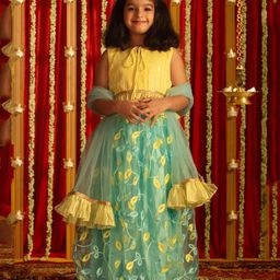 Vastramay Sleeveless Ready To Wear Shimmer Striped Designed Choli With Leaf Embroidered Net Lehenga & Dupatta - Yellow & Aqua Blue-image-1