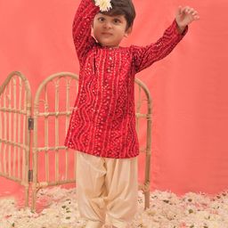 Vastramay Full Sleeves Seamless Bandhej Designed Kurta With Patiala - Red & Cream-image-38