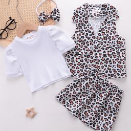 Kookie Kids Half Sleeves Top & Skirt Set with Jacket & Bow  Cheetah Print - White-image-42