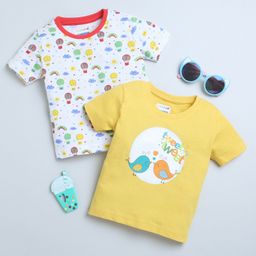 BUMZEE Pack Of 2 Half Sleeves Rainbow & Birds Printed Tees - White & Yellow-23