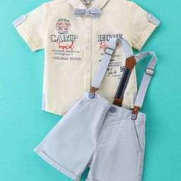 ToffyHouse 100% Cotton Woven Half Sleeves Striped & Text Printed Shirt & Shorts Set With Bow & Suspender - Ice Blue-image-13