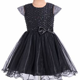 Pine Kids Woven Cap Sleeves Party Frock with Glitter Detailing & Bow Applique - Black-image-35