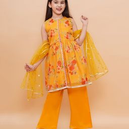 Piccolo Sleeveless Floral Printed Lace Detailed Kurta With Sharara & Dupatta Set - Yellow-image-55