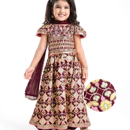 EARTHY TOUCH Knit Cap Sleeves Embroidered Choli Lehenga Set with Dupatta & Lace Detailing - Maroon-picture-7