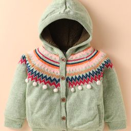 Yellow Apple Knit Full Sleeves Front Open Hooded Sweater with Design - Mint Green-image-59