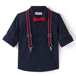BabyhugWoven Full Sleeves Polka Dots Printed Party Shirt with Bow & Suspender - Navy Blue-image-91