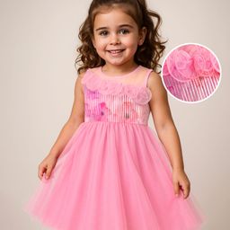 Babyhug Woven Sleeveless Fit & Flare Frock with Frills on Yoke Detailing - Pink-image-44
