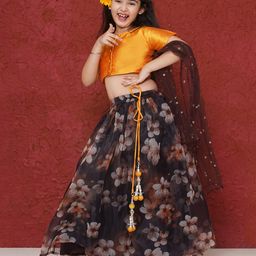 Aj Dezines Organza Half Sleeves Floral Printed Lehenga Choli - Yellow-image-54