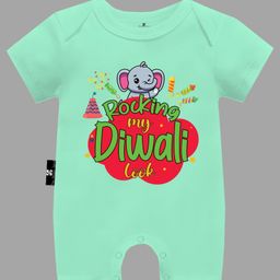 The Peppy Tend Diwali Theme 100% Cotton Half Sleeves Rocking My Diwali Look Text Printed Half Romper - Sea Green-picture-45