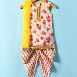 Saka Designs CottonKnit Sleeveless Floral Printed Kurta Patiala Set with Dupatta & Lace Detailing - Yellow Pink& Cream-image-16