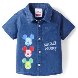 Babyhug Disney Knit Half Sleeves Denim Shirt with Mickey Mouse Graphics & Pocket Detailing - Royal Blue-image-1