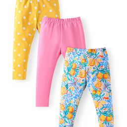 Babyhug Cotton Lycra Knit Full Length Leggings with Polka Dots & Fruits Print Pack of 3 - Mustard Pink & Blue-image-41