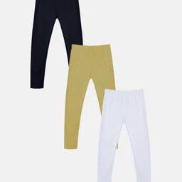 Kiddopanti Cotton Lycra Pack Of 3 Solid Leggings - White & Blue-picture-4