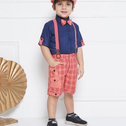 AJ Dezines Cotton Half Sleeves Checked Shirt Pant With Suspender Cap & Bow Set - Pink-image-92