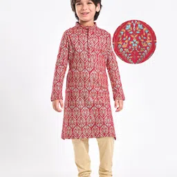 EARTHY TOUCH Single Jersey Knit Full Sleeves Kurta & Pajama Set Floral Foil Print - Red-picture-30