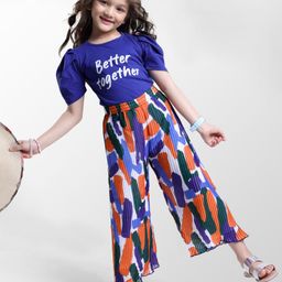 OLLINGTON ST. Knit Half Sleeves Top & Abstract Printed Pleated Georgette Culottes - Blue & Multicolor-image-5