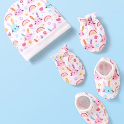 Babyhug 100% Cotton Knit Cap Mittens & Booties With Animal & Floral Print - White-picture-19