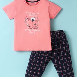 Doreme Single Jersey Knit Half Sleeves Capri Night Suit With Checks & Cat Print - Pink-image-74