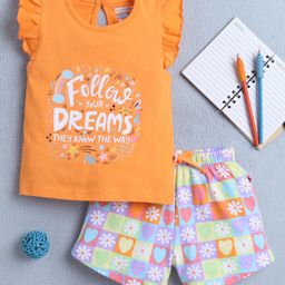 BUMZEE Cotton Frill Sleeves Floral & Follow Your Dreams Text Printed Top & Coordinating Short Set - Orange & Multi-image-46