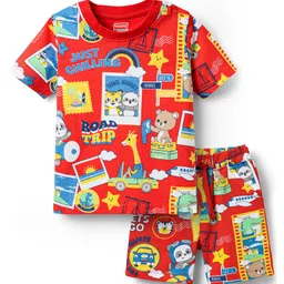 Babyhug Cotton Knit Half Sleeves Co-ords Shorts Night Suit With Animals Print - Red-picture-24
