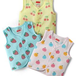 Babyhug 100% Cotton Cambric Woven Sleeveless Front Open Jhablas With Tropical Theme Print Pack of 3 - Light Blue Yellow & Light Pink-8