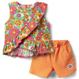Babyhug Single Jersey Knit Sleeveless Top & Shorts Set With Floral Print - Multicolour-image-116