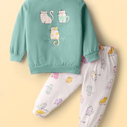 Pink Rabbit Single Jersey Knit Full Sleeves Night Suit with Kitty Print - Mint-picture-2