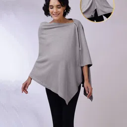 Zelena Bamboo Cotton Woven Three Fourth Cape Sleeves Textured Maternity Premium Breathable Poncho With Front Lift Nursing Access - Grey-picture-9