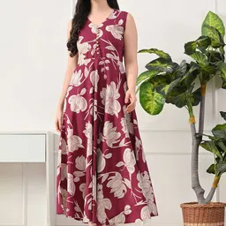 KALINI Women Burgundy & White Floral Print A-Line Dress-picture-31